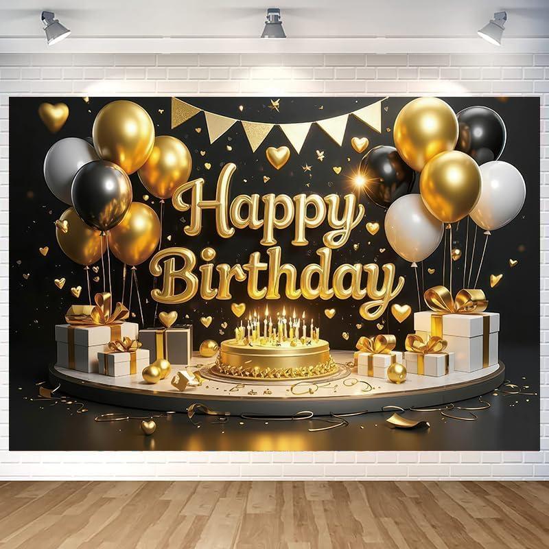 Luxurious Black Gold Happy Birthday Backdrop Banner Black Gold Photography Background for Home Outdoor Birthday Party Decoration Supplies 70.8 x 47.2 Inch