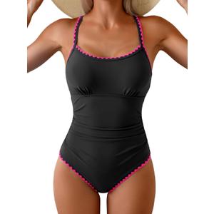 Eomenie Women's One Piece Swimsuit Tummy Control Slimming Bathing Suit Ruched Swimwear Tie Back Shell Stitch Swim Suit (X-Large, Black Pink)