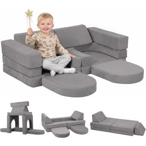 MeMoreCool Kids Modular Play Couch  10 Piece Corduroy Foam Sofa, Light Grey Convertible Playroom Furniture for Toddlers | Fort Building Set | Washable, Soft & Durable