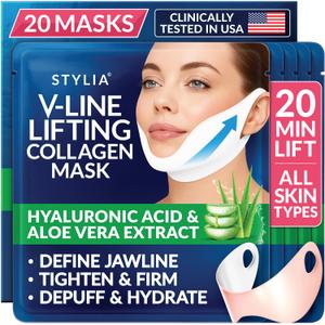 STYLIA V Line Lifting Collagen Face Mask - Lift, Firm & Contour Jawline - Double Chin Strap with Hyaluronic Acid & Aloe Vera - Hydrating Neck & Face Tightening Mask - Chin Strap for Sleeping - 20PC