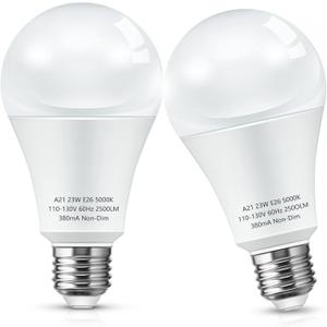 LOHAS Super Bright White LED Light Bulb, A21 23W(150-200Watt Equivalent), 2500 High Lumen, 5000K Daylight White, Garage Light Bulbs, E26 Porch Light Bulb, Non-Dim, No Flicker for Home Lighting, 2-Pack
