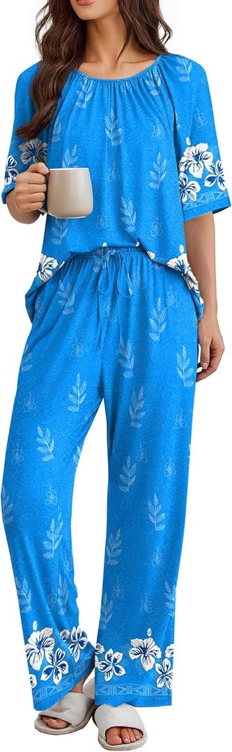 Ekouaer Pajamas for Women Set Short Sleeve Printe Lounge Sets Soft Pjs Round Neck Loungewear with Pockets  (Medium, Blue Floral)