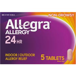Allegra Adult 24-Hour Allergy Relief Tablets, Non-Drowsy Indoor and Outdoor Allergy Medicine, 180 mg Fexofenadine HCI Antihistamine Pill, 5-Count, EXP 05/2026