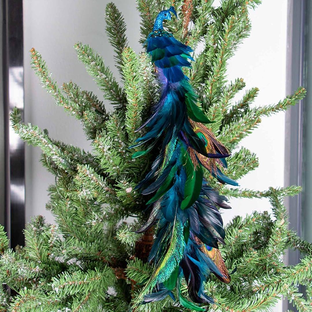 Artificial Peacock Birds, Natural Feathered Peacock with Long Tail, Christmas Peacocks Ornaments for Crafts Home Wedding Party Christmas Tree Ornaments (1Pcs)