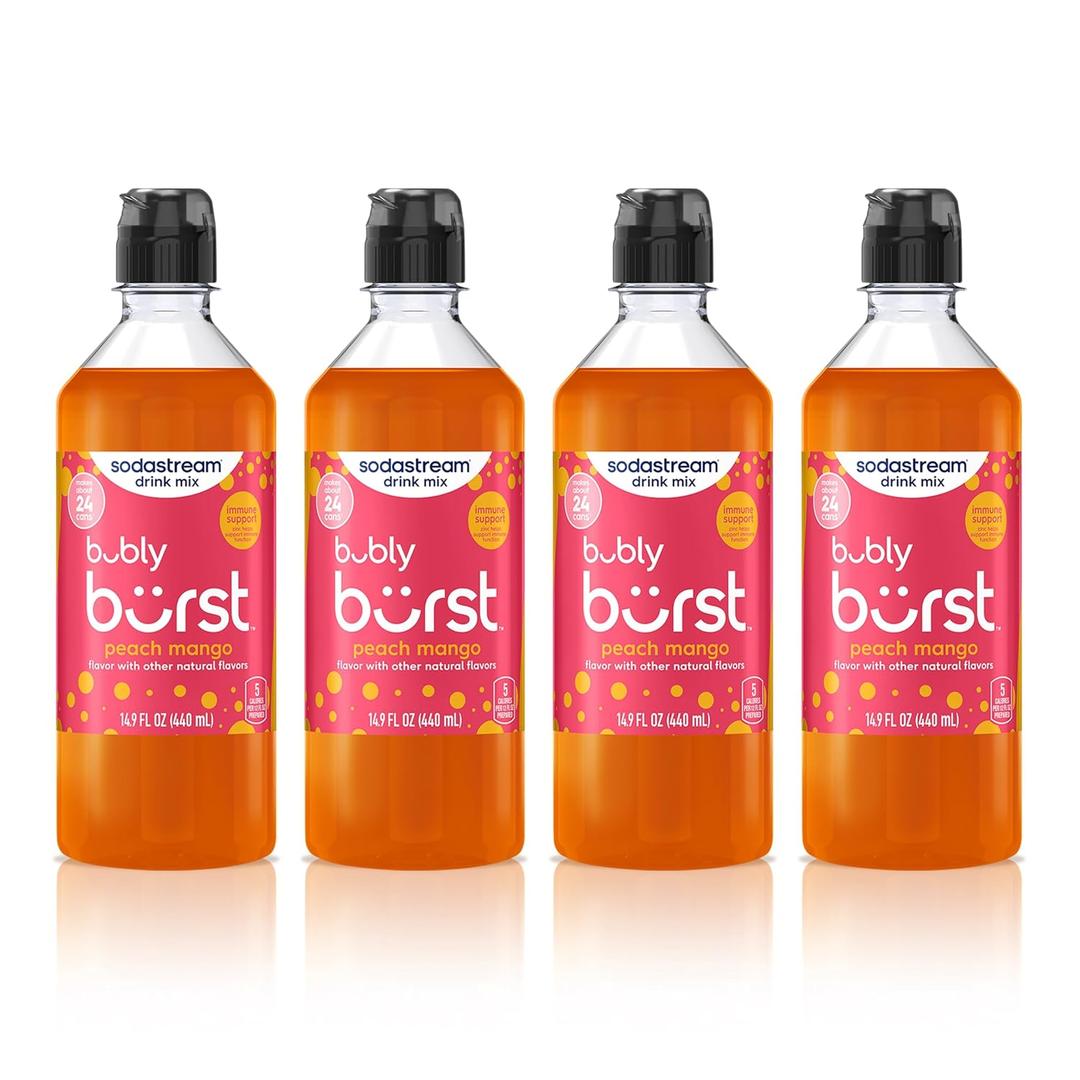 Sodastream Bubly Burst Peach Mango New Pour Bottles, 14.9 FL OZ (Pack of 4) (EXP 05/16/27)
