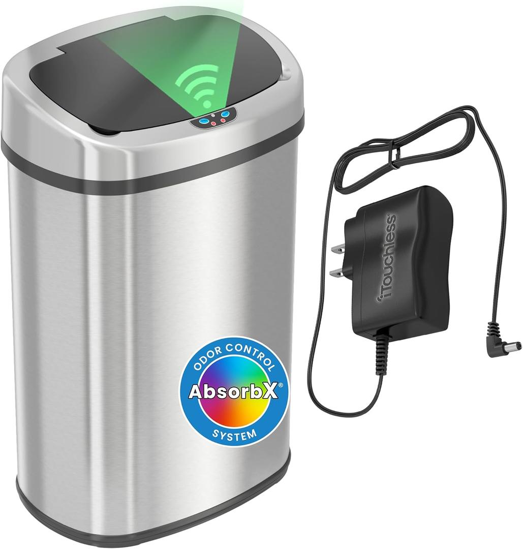 iTouchless 13 Gallon Oval Sensor Trash Can with AC Adapter & Odor Filter, 50L Automatic Kitchen Bin, Fingerprint-Proof Stainless Steel, Hands-Free Motion Lid, Quiet Soft-Close, Brushed Silver