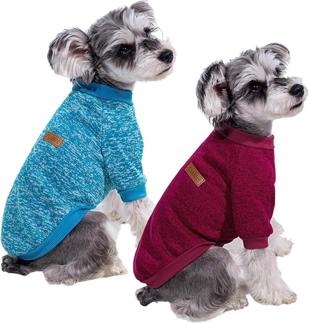 2 Pack Dog Sweaters for Small Dogs - Warm Winter Puppy Sweaters Cute Soft Dog Clothes Outfit Pet Costume for Boy Girl Doggie, Cat, Bulldog Pug Yorkie Kitten Chihuahua (Wine Red, Blue)