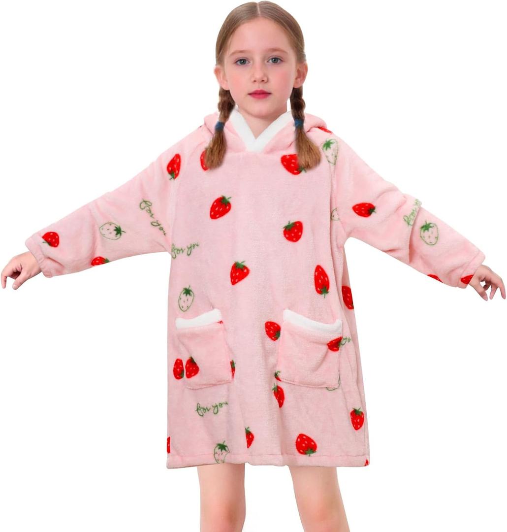 Redair Kids Wearable Blanket Hoodie Boys Girls Comfort Hooded Blanket Sweater with Pocket Cute Birthday Gifts Kids, 6-10 Years, Strawberry