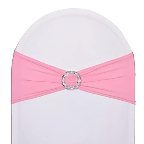 SweetEasy 50pcs Pink Spandex Chair Sashes Stretchable for Wedding Party Banquet Decoration Fitted Elastic Bulk Chair Cover Band Bows for Baby Shower Engagement Event Home Dining Decor Wholesale