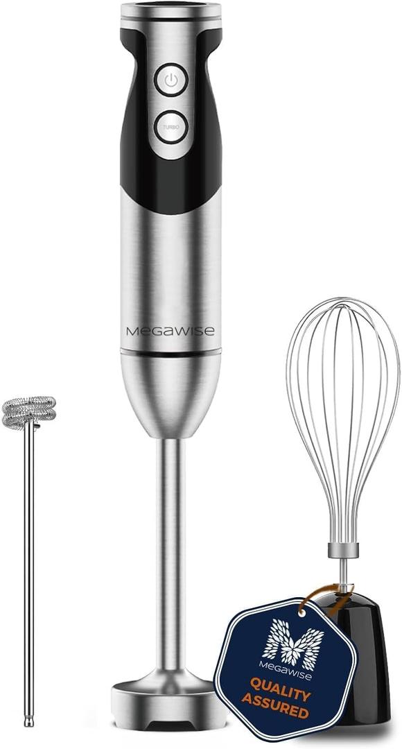 Megawise High-Power Hand Blender  400W Max Power with Versatile 3-in-1 Attachments (Blending Shaft, Whisk, Chopper); Ergonomic Design with Adjustable Speed Control; Easy to Clean and Maintain (Black)