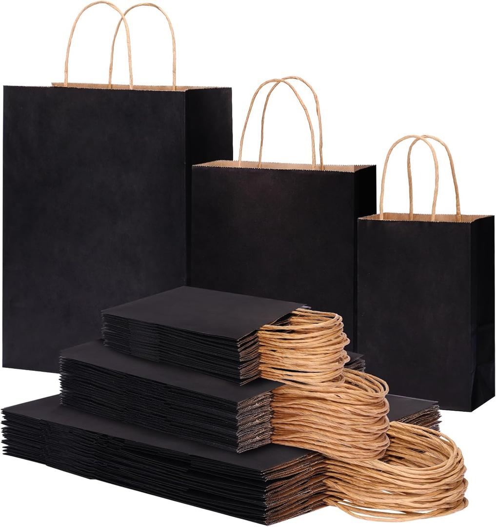OUTUXED 120pcs Paper Bags with Handles Assorted Sizes Kraft Black Paper Gift Bags Bulk 3 Mixed Sizes for Retail, Party, Birthday, Gift, Shopping, Business, Merchandise