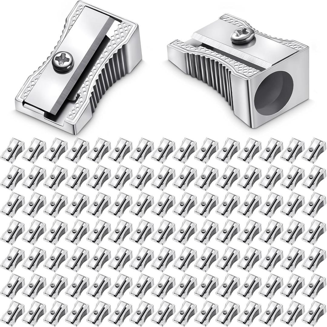 Fumete 144 Pcs Metal Mini Pencil Sharpeners Bulk Operation Christmas Handheld Metal Pencil Sharpeners Single Hole Aluminum Alloy Manual Sharpener Bulk for School Office Stationery Classroom Supplies