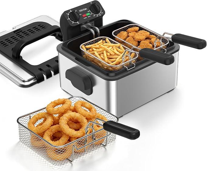 OSTBA Electric Deep Fryer with 3 Baskets, 4.75QT Stainless Steel Countertop
1700W Heating with Adjustable Temperature Control, Timer, Viewing Window, Odor Filter and Removable Oil Container