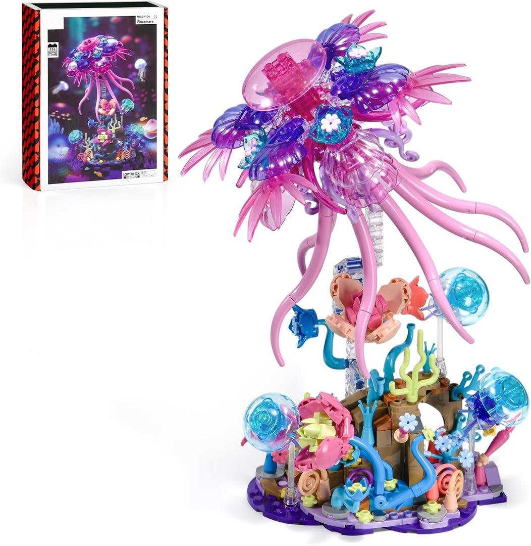 Jellyfish Building Sets for Adults,Ocean Animal Model Kits Collection Toy for Home or Office Decor with Botanical Flower Base,Creative STEM Building Gift for Teens Boys and Girls 8-14(526PCS)