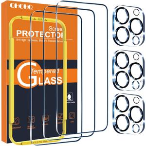 QHOHQ 3 Pack Screen Protector for iPhone 15 Pro Max [6.7 Inch] with 3 Pack Camera Lens Protector, Tempered Glass Film, HD Clear, 9H Hardness, No Bubbles, Case Friendly