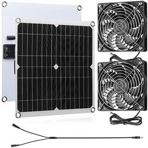 Riakrum 20W 16V Solar Panel Exhaust Fan Kit USB Portable Solar Powered Fan Summer Outdoor Waterproof Ventilator Fan for Chicken Coops, Greenhouses, Camping Exhaust (1 Set)