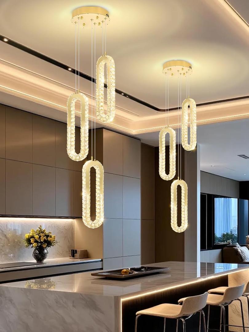 Modern Pendant Light for Kitchen Island Crystal Ring Chandelier Gold LED Pendant Lighting Fixture for Dining Room Kitchen Living Room Foyer Hallway Bedroom (3 Rings New)