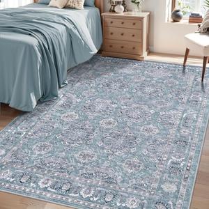 SERISSA Area Rug 4x6 Boho Rugs for Bedroom, Washable Non-Slip Living Room Rugs, Ultra Soft Print Distressed Low-Pile Throw Rug Blue Grey Carpet for Nursery Dorm Kitchen Living Room Decor
