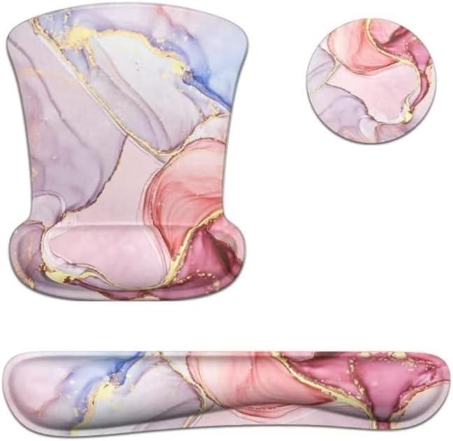 Wrist Rest Support Ergonomic Gel Mouse Pad & Memory Foam Keyboard Set Non-Slip Rubber PU Base Easy Typing and Relieve Wrist Pain Mouse Mat for Computer Office - Pink Marble