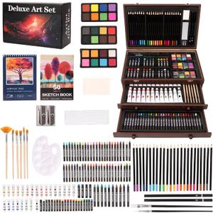 Unmasalu 175 Piece Deluxe Art Set,Comprising Sketchbooks, Acrylic Paints, Crayons, Oil Pastels,Watercolour Cakes,Coloured Pencils Set, Art Kit Gift Box for Teens, Adults, Artists (Brown)