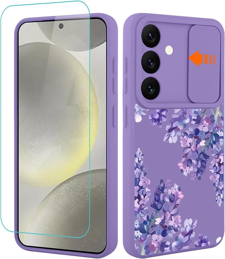 PERRKLD for Samsung Galaxy S24 Case with Slide Camera Cover, [Cute Purple Lavender Floral Flowers Print] Hard Protective Shockproof Cover for Women Girls (for S24)- Purple Lavender