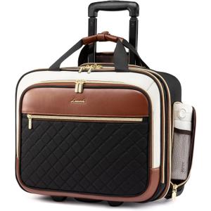 LOVEVOOK Rolling Laptop Bag Women, 17.3 Inch Laptop Briefcase with Wheels, Soft Sided Underseat Carry On Luggage Personal Item Suitcase for Work Travel Business, Black Brown Beige