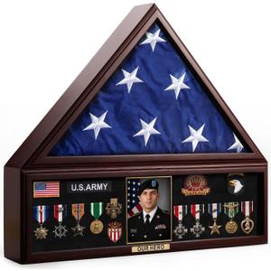 Large Military Flag Display Case with Gold Plate - Wooden Shadow Box Frame for Veteran Burial Flag - Fits 5' x 9.5' Flag - Memorial Medal Display & Shadowbox for Medals & Tri Folded Flag
