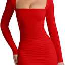 LCNBA Women's Long Sleeve Square Neck Ruched Bodycon Mini Dress (Medium, Red)