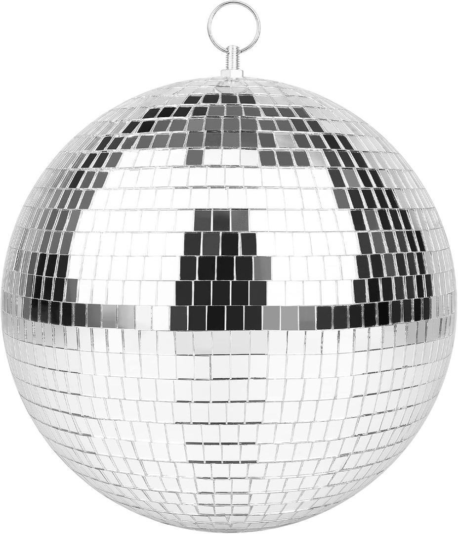Mirror Ball for Disco DJ Club Party Wedding Home Decor, Muscab 10 Inch Disco Ball with Hanging Ring, Silver White