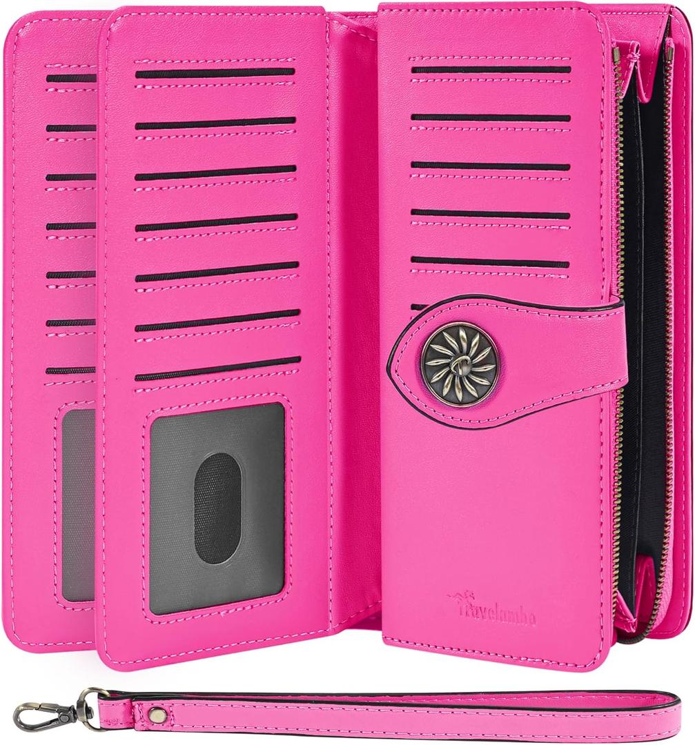 Travelambo Women's Wallet RFID Blocking Credit Card Holder Large Capacity Wristlet Leather Wallets Purse (Hot Pink)