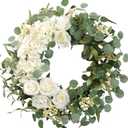 TEMPUS 20" Hydrangeas Spring Wreath for Front Door, Artificial Summer Green Wreaths with White Peony Flowers for Farmhouse Home Wedding Party Wall Windows Outdoor DecorWhite