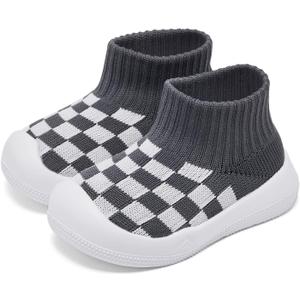 Eashi Baby Boy Girl Non-Skid Indoor Infant Walking Shoes Breathable Warm Elastic Sock Shoes with Memory Sole Protect Toes Outdoor Sneakers (15-18 Months Infant, Plaid Grey)