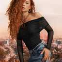 SAUNGKUAI Women's Off The Shoulder Long Sleeve Bodysuit Sexy Slimming Body Suit Tops Sheer Mesh Ruched Fall Outfits 2026 (Black, L)