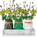 St Patricks Day Table Decor, Centerpieces for Tables, St Patrick's Day Decor with Mason Jar, Farmhouse Wood Tray, Shamrock Artificial Flowers Picks, 10 Pcs St. Patrick's Day Decorations for Table