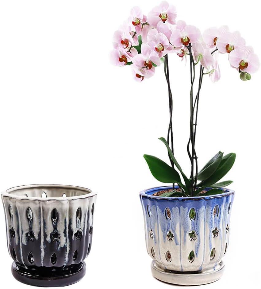 Orchid Pots with Holes Attached Saucers 5 Inches - 2 Pcs Small Ceramic Pots for Repotting, Decorative Ceramic Orchid Planter with Hole for Healthy Root Growth Mixed Color