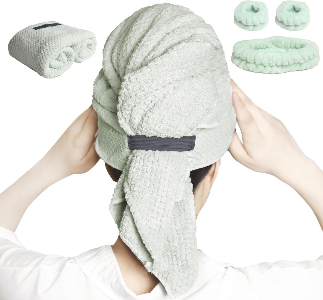 Large Microfiber Hair Towel with Spa Headband and Face Washing Wristbands Set| Super Absorbent, Anti-Frizz Hair Drying Towel for Wet, Long, Curly Hair, Light Green (42" x 24.5")