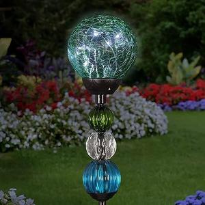 Exhart Garden Solar Lights, Decorative Crackle Glass Ball Garden Stake with Beads, 6 LEDs, Glass and Metal Outdoor Decoration, Green, 4 x 29.5 Inch