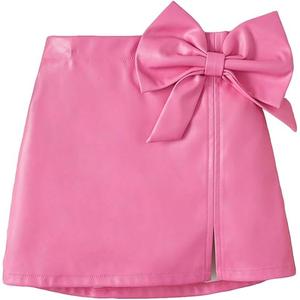Girl's Cute PU Leather Skirt Elastic High Waist Split Hem Bow Front Mini Skirts 9