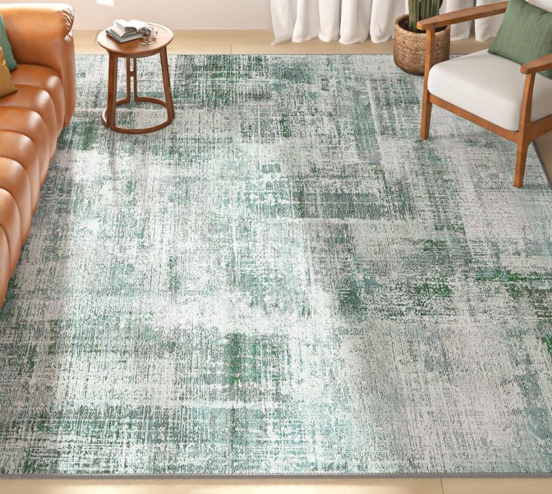Eleisa Modern Abstract 3.5'×10' Area Rug for Living Room, Green & Ivory, Non-Slip Stain Resistant Washable Rug, Abstract Vintage Home Decor Carpet for Bedroom, Kitchen, Dining Room