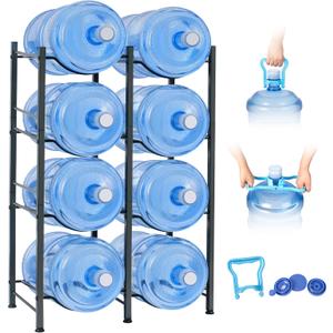 Klvied 5 Gallon Water Jug Holder - Double Row Rack with 8 Slots for Water Bottle Organizer, Heavy Duty Storage Rack with Lifter, Stand for 8 Bottles