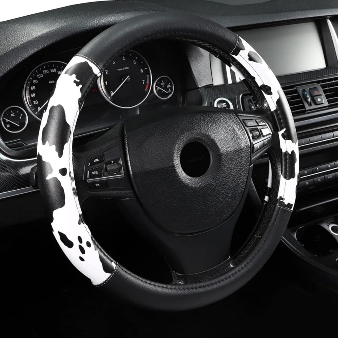 Cow Print Steering Wheel Cover, Universal 15 Inch Cute Steering Wheel Cover for Women, Breathable Anti-Slip Car Steering Wheel Protector, Fashion Auto Interior Accessories for Cars, SUVs & Trucks