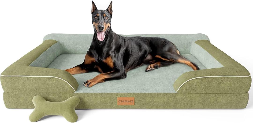 CWAWZ XXL Dog Bed for Extra Large Dogs, Giant Orthopedic Dog Bed with Cooling Gel Memory Foam, Waterproof Pet Bed with Removable Washable Cover, 53" Pet Sofa bed Dutch Velvet with Bone Toy, 
Dark Green
