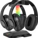 WallarGe Dual Wireless Headphones for TV Watching with RF Transmitter, Bluetooth Over-On Ear TV Headphones Wireless for Seniors, No Lip-Sync Delay, Plug & Play. Set of Two (RGB)