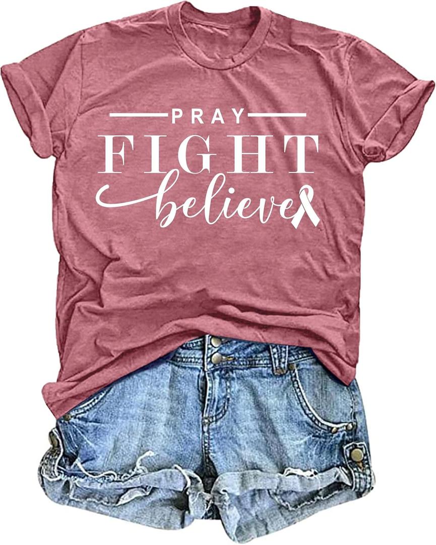 Breast Cancer Shirts for Women: Pink Ribbon T Shirt Cancer Fight Tops Inspirational Short Sleeve Tees (Pink, S)