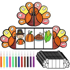 Dunzoom 48 Pcs Thanksgiving Turkey Craft Kits with 12 Watercolor Pens Color Your Own Paper DIY Crafts Thankful Turkey Decoration for Thanksgiving Fall Home Classroom School Party Supplies