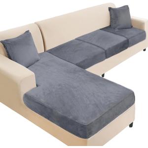 NAISI Sectional Couch Cover 4 Pieces Velvet Separate Couch Cushion Covers L Shape Soft Stretch Sofa Slipcovers with 2pcs Pillowcases for Left/Right Chaise Sectional Couch(3 Seater+1 Chaise,Dark Grey)