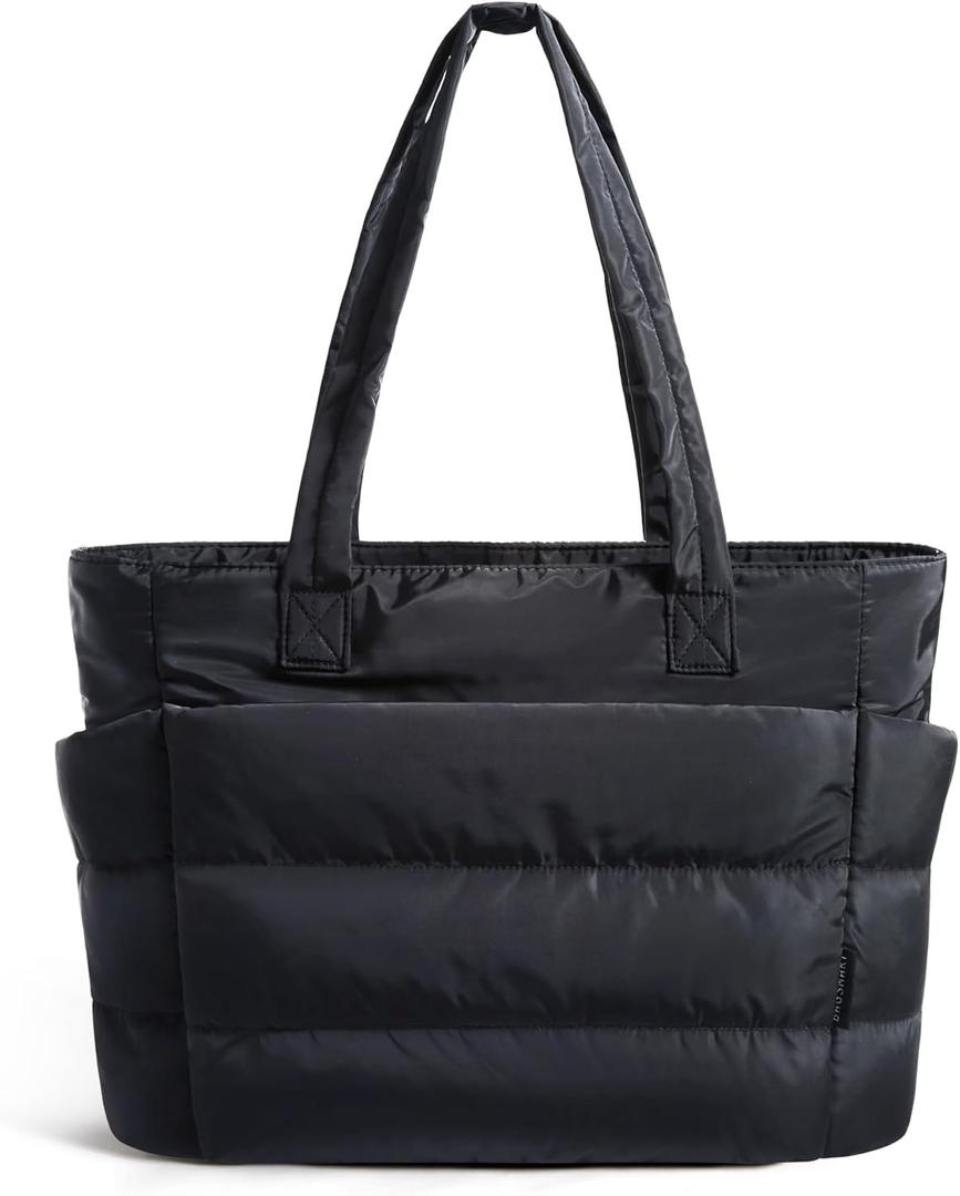 BAGSMART Tote Bag for Women, Lightweight Puffy Tote Bag with Compartments Shoulder Bag Handbag for Travel, Work, Gym | Lightweight, Puffy, Quilted, for Travel, Work (Standard, Black)