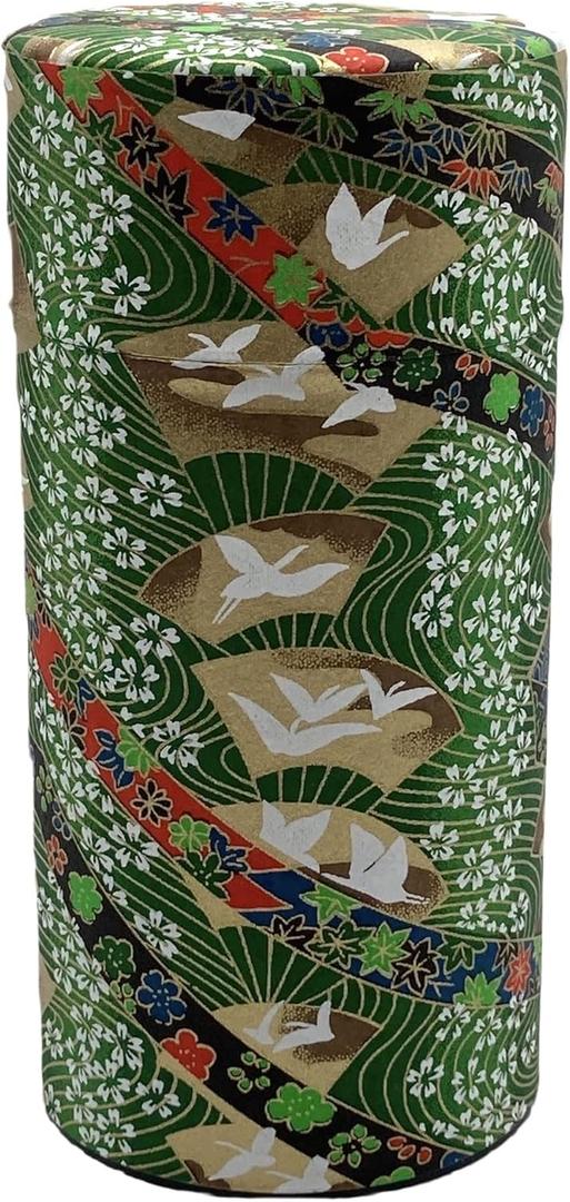 Japanese Tea Canister Tin Crane on a Fan Green/Double Lid/Japanese YUZEN Washi Paper Pasted /200g Tea Capacity/Loose Leaf Tea Storage/Storage Container with Lid