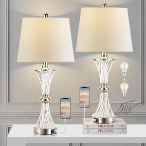 Touch Control Table Lamp for Bedrooms 3 Way Dimmable White Drum Shade Modern Bedsides Nightstand lamp Set of 2 with 2 USB Charging Port(Bulbs Included) (Silver)