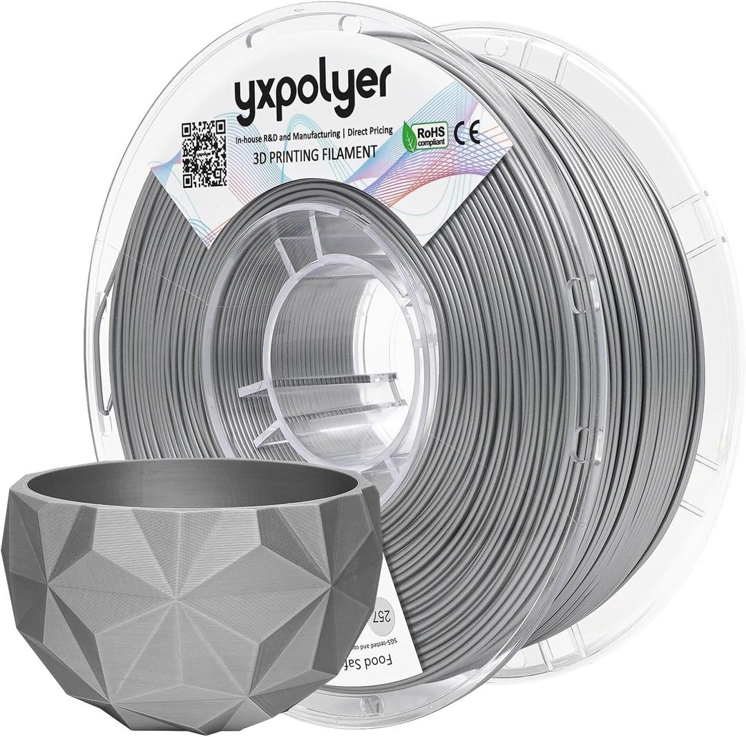 YXPOLYER PLA Filament Food Safe 1.75 mm 1kg for 3D Printing Tableware, PLA+ Metallic Look Silver for Christmas Tree Ornaments, Up to 350mm/s High Speed Printing